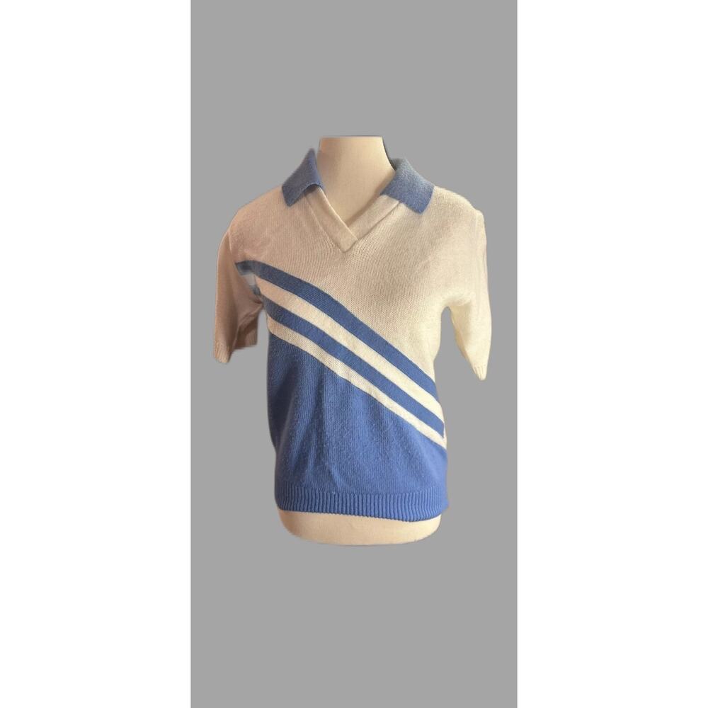 Dehen Knitting Co Woman’s 1980’s Blue White Knitted Collared V Neck Golf